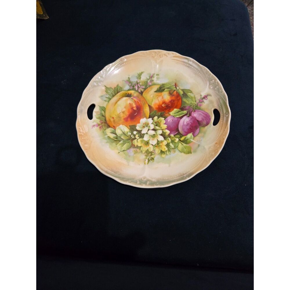 Antique1891-1920's German Porcelain Fruit Plate Handled Lusterware Apples Plums